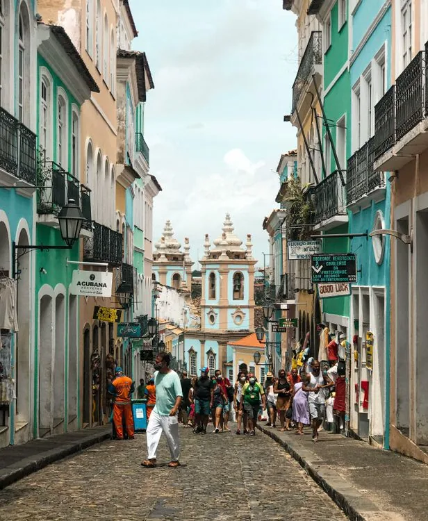 Cobblestone streets and pastel colonial buildings in the Pelourinho historic center of Salvador, Bahia — the UNESCO-protected old city.